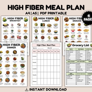 May include: A printable meal plan with six pages for a high fiber diet. The meal plan includes breakfast, lunch, dinner, and snacks. It also includes a grocery list with categories for fruits, vegetables, legumes, whole grains, nuts and seeds, snacks, dairy alternatives, other high fiber foods, and condiments.
