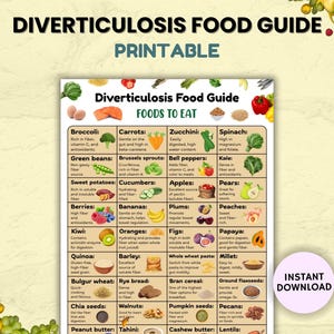 Op de afbeelding: Een afdrukbare Diverticulitis Voedingsgids met een lijst van voedingsmiddelen om te eten, waaronder groenten, fruit en granen. De gids heeft een roze "Direct downloaden" knop.