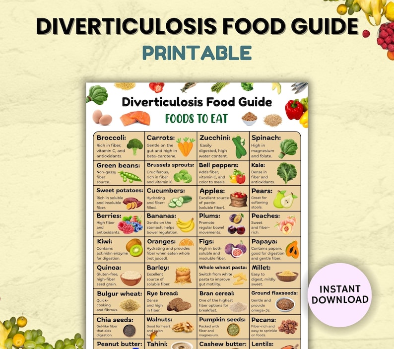 Op de afbeelding: Een afdrukbare Diverticulitis Voedingsgids met een lijst van voedingsmiddelen om te eten, waaronder groenten, fruit en granen. De gids heeft een roze "Direct downloaden" knop.