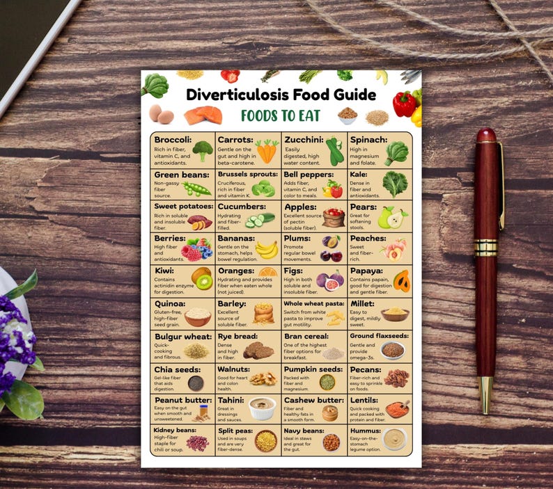 Op de afbeelding: Een voedingsgids getiteld "Diverticulosis Food Guide" geeft een lijst van voedingsmiddelen om te eten, waaronder broccoli, wortelen, courgette en spinazie. De gids ligt op een houten oppervlak met een pen en een bloemstuk.