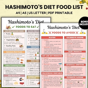 May include: A printable food list for Hashimoto's Diet, with foods to eat and avoid. The document is available in A4, A5, and US Letter sizes. Includes a bonus section. The list categorizes foods into groups like fruits, vegetables, gluten, and dairy products.