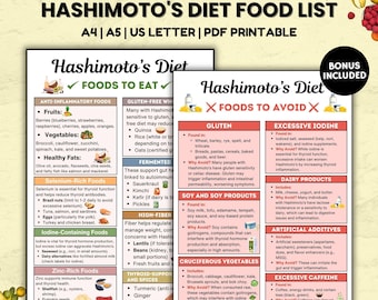 Lista de alimentos para la dieta de Hashimoto, plan de alimentación para la tiroides, tabla de alimentos saludables para la tiroiditis, enfermedad de Hashimoto, lista de compras para hipertiroidismo