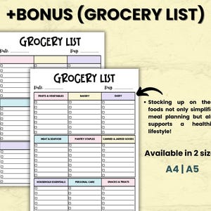 Op de afbeelding: Twee witte boodschappenlijstsjablonen met kleurrijke sectiekoppen. De tekst "Grocery List" staat bovenaan elke pagina. De lijsten bevatten secties voor groenten en fruit, bakkerij, zuivel, vlees en zeevruchten, voorraadkast, conserven en potten, huishoudelijke benodigdheden, persoonlijke verzorging en snacks en traktaties.