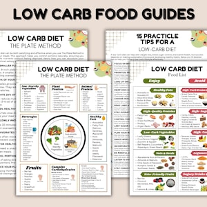 May include: A collection of low-carb diet guides with detailed food lists and tips. The guides feature colorful charts with lists of vegetables, proteins, and healthy fats, along with foods to avoid.