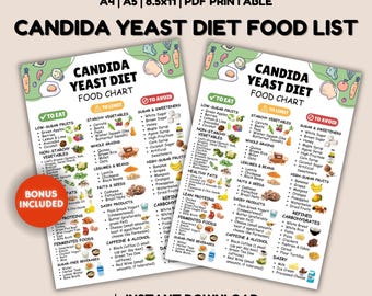 May include: A printable Candida Yeast Diet Food List chart with two columns, one for foods to eat and one for foods to avoid. The chart is divided into categories such as low-sugar fruits, non-starchy vegetables, healthy fats, lean proteins, and fermented foods. The chart also includes a bonus section with a list of sugar-free beverages.