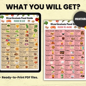 Op de afbeelding: Een afdrukbare voedingsgids voor diverticulitis, met lijsten van voedingsmiddelen om te eten en te vermijden. De gids wordt weergegeven op een tablet en een apart vel, met kleurrijke illustraties.