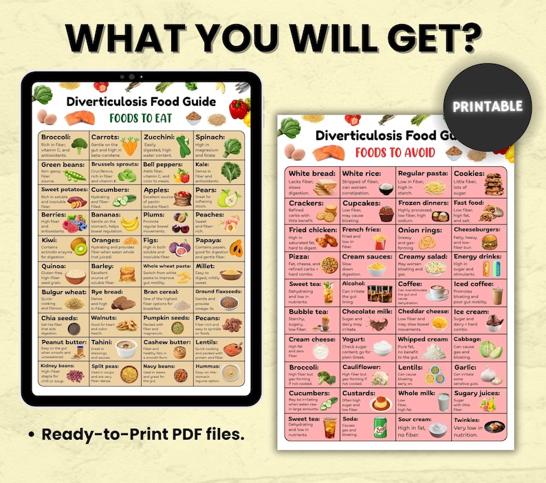 Op de afbeelding: Een afdrukbare voedingsgids voor diverticulitis, met lijsten van voedingsmiddelen om te eten en te vermijden. De gids wordt weergegeven op een tablet en een apart vel, met kleurrijke illustraties.