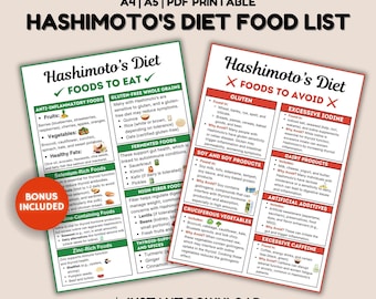 Lista de alimentos para la dieta de Hashimoto, plan de comidas para la dieta tiroidea, tabla de alimentos saludables para la tiroiditis, enfermedad de Hashimoto, lista de compras para el hipertiroidismo