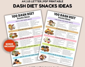 May include: Two printable pages with a list of 100 DASH diet snack ideas. The left page features fruit, vegetable, protein, and whole grain snacks. The right page features low-sodium dairy, legume, hydrating, savory, and quick and on-the-go snacks.