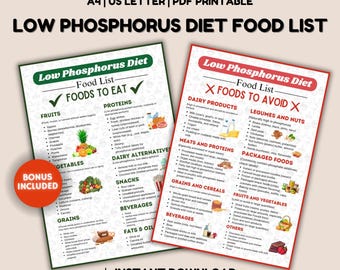 Low Phosphorus Diet Food Chart zum ausdrucken, Stufe 4 Niereninsuffizienz Nierendiät, Nierenfreundliche Lebensmittelliste, Low Phosphor Nierendiät Lebensmittel
