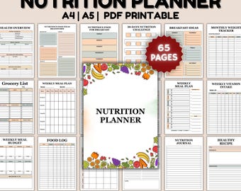Nutrition Planner Bundle Printable, Meal Planner Food Journal, Calories Tracker, Weekly and Daily Meal Planner, Daily Food Diary Bundle