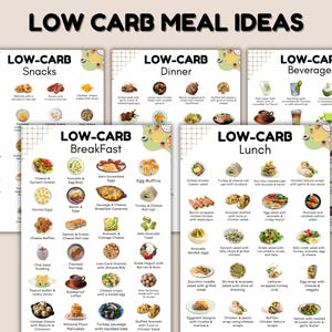 May include: A collection of colorful low-carb meal ideas, including snacks, dinner, breakfast, lunch, and beverages. Each category features various food options with text labels. The image is designed to provide healthy eating inspiration.