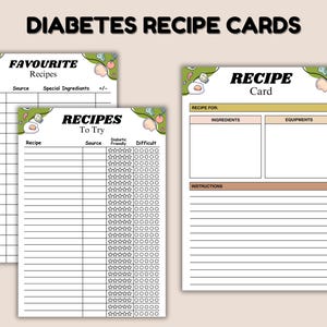May include: A collection of recipe cards with the text "DIABETES RECIPE CARDS." The cards include sections for favorite recipes, recipes to try, and a recipe card template. Each card has a decorative border with food illustrations.