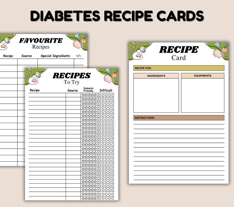 May include: A collection of recipe cards with the text "DIABETES RECIPE CARDS." The cards include sections for favorite recipes, recipes to try, and a recipe card template. Each card has a decorative border with food illustrations.