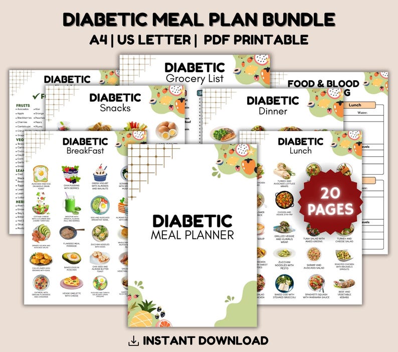 May include: A bundle of printable diabetic meal plans. The cover features the text "DIABETIC MEAL PLANNER" and includes pages for breakfast, lunch, dinner, and snacks. The bundle includes 20 pages and is available for instant download.