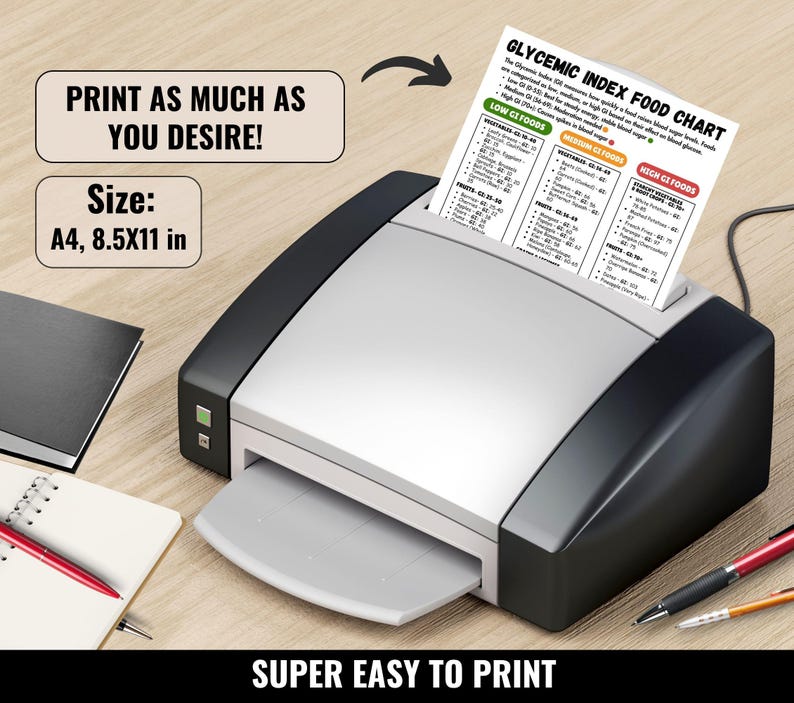 May include: A printer with a printed Glycemic Index Food Chart. The chart is printed on 8.5x11 inch paper. Text on the image reads "Print as much as you desire!" and "Super easy to print."