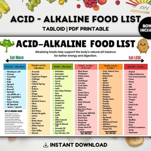 May include: A colorful Acid-Alkaline Food List printable, categorized by alkalinity and acidity levels. Includes a bonus section and an "Instant Download" prompt. The chart is designed to help support the body's natural pH balance.