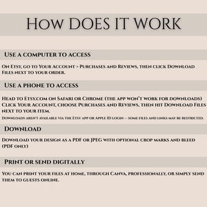 May include: A beige graphic with the text "HOW DOES IT WORK" at the top. Instructions detail how to access and download files from Etsy using a computer or phone, and how to print or send them digitally.