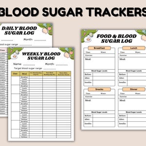 May include: A collection of printable blood sugar trackers. The designs include daily, weekly, and food & blood sugar logs. Each log features sections for recording blood sugar levels, meals, and notes. The title "BLOOD SUGAR TRACKERS" is at the top.
