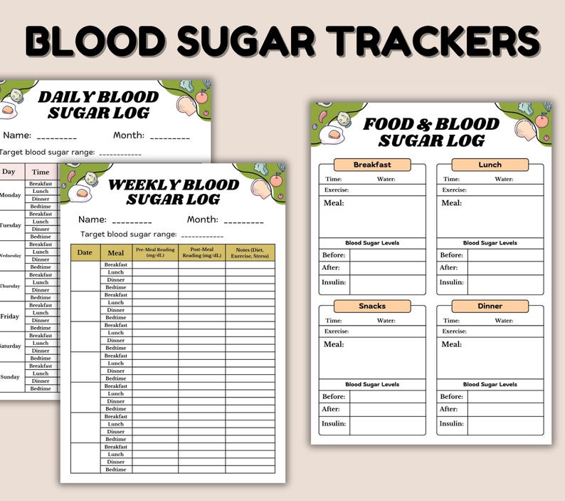 May include: A collection of printable blood sugar trackers. The designs include daily, weekly, and food & blood sugar logs. Each log features sections for recording blood sugar levels, meals, and notes. The title "BLOOD SUGAR TRACKERS" is at the top.