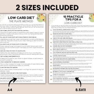 May include: Two printable low-carb diet guides are shown, one in A4 and the other in 8.5x11. The guides feature text on the plate method and 15 practical tips for a low-carb lifestyle, with headings and bullet points.