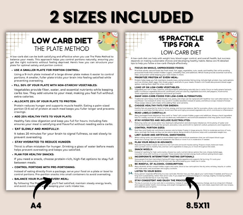May include: Two printable low-carb diet guides are shown, one in A4 and the other in 8.5x11. The guides feature text on the plate method and 15 practical tips for a low-carb lifestyle, with headings and bullet points.