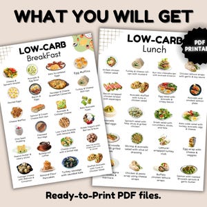 May include: Two printable PDF files with low-carb meal ideas for breakfast and lunch. The breakfast menu includes options like avocado and egg bowls, keto scrambled eggs, and cheese waffles. The lunch menu features salads, wraps, and more.
