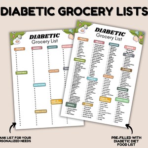 May include: Two white paper grocery lists with the title "Diabetic Grocery List" are displayed. One is blank, and the other is pre-filled with food categories like fruits, vegetables, and meats. The lists are designed for diabetic diets.