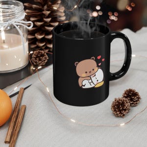 Panda Bear Bubu & Dudu zwarte koffiemok 11oz, 15oz kerstmok kawaii koffiemok, kopjes melk en mokka Valentijnsdagcadeau Jubileumcadeau