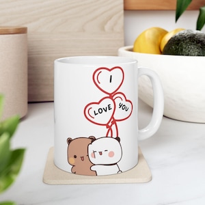 Panda Bear Bubu & Dudu Ceramic Mug 11oz, 15oz Christmas Mug Kawaii Coffee Mug, Milk and Mocha Cups Valentines Day Gift Anniversary Gift