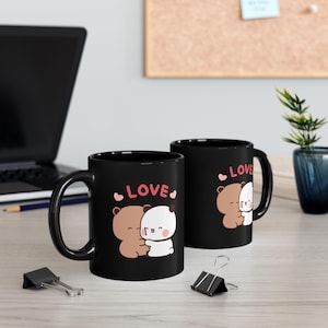 Panda Bear Bubu & Dudu Black Coffee Mug 11oz, 15oz Christmas Mug Kawaii Coffee Mug, Milk and Mocha Cups Valentines Day Gift Anniversary Gift