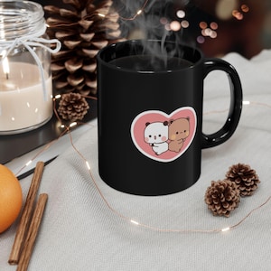 Panda Bear Bubu & Dudu Black Coffee Mug 11oz, 15oz Christmas Mug Kawaii Coffee Mug, Milk and Mocha Cups Valentines Day Gift Anniversary Gift