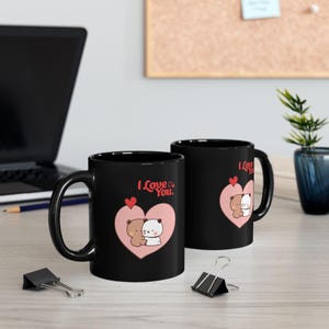 Panda Bear Bubu & Dudu Black Coffee Mug 11oz, 15oz Christmas Mug Kawaii Coffee Mug, Milk and Mocha Cups Valentines Day Gift Anniversary Gift