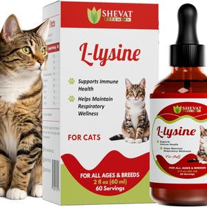 Gotas inmunitarias Shevat Cat L-Lisina para el cuidado respiratorio felino. Alivio de estornudos y ojos claros. Suplemento con sabor a pollo para gatitos, gatos adultos y gatos mayores. 60 ml.