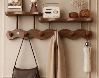 Wooden Wall Coat Rack with Shelf, Solid Wood Wall Hooks, Entryway Organizer, Coat Hanger, Hat Bag Key Holder, Walnut Wall Rack