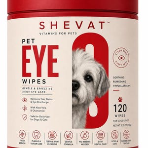May include: A cylindrical red and cream container of Shevat Pet Eye Wipes. The label features a dog's face, text including 'Pet Eye Wipes', '120 Wipes', and 'Net Wt. 150g', along with icons for dental care, eye cleaning, and various product ingredient details.