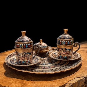 Handmade Turkish Coffee Set, Engraved Copper Coffee Cups with Tray, Authentic Ottoman Serving Set, Coffee Lover Gift, Housewarming Present