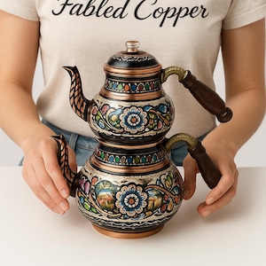 Traditioneller handgemachter Kupferkessel, türkisches Samovar-Teekannen-Set, doppelter Kupfer-Teewärmer, rustikale Küchendekoration, Weihnachtsgeschenk für Teeliebhaber