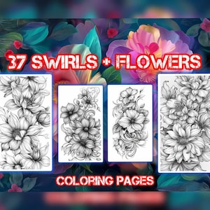 37 Elegant Flowers Coloring Pages Coloring Book for Adults and Kids Grayscale Digital Coloring Pages Instant Download Printable PDF File.