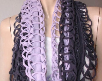 eternity scarf. womens shredded braided cotton jersey tshirt scarf, infinity scarf, eternity scarf. loose weave. black and lavender ombre