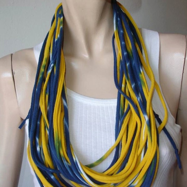 shredded tshirt scarf, jersey scarf, jersey necklace, tshirt necklace. infinity eternity loop. upcycled recycled. yellow gold blue tiedye
