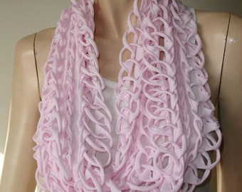 tshirt scarf. womens or mens shredded braided loose weave jersey eternity scarf, infinity scarf, tshirt scarf. pale baby pink