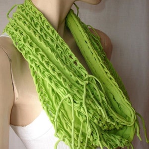 eternity scarf. womens or mens shredded braided jersey tshirt scarf , infinity scarf , eternity scarf. 5 braid. chartreuse. lime green image 3