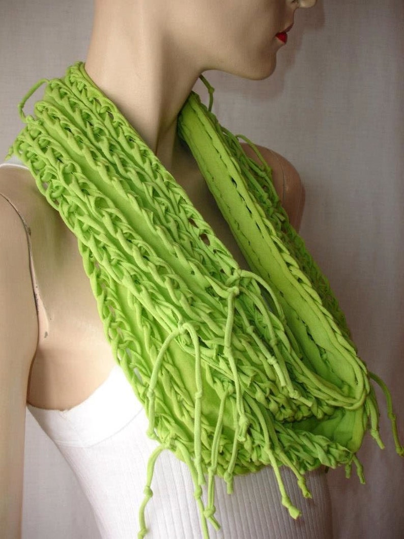 eternity scarf. womens or mens shredded braided jersey tshirt scarf , infinity scarf , eternity scarf. 5 braid. chartreuse. lime green image 3