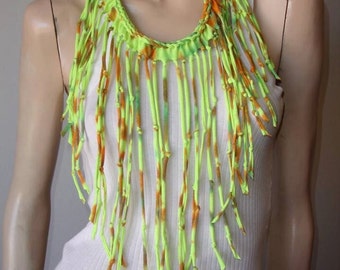 womens shredded braided fringe recycled neon tshirt necklace, upcycled jersey necklace. tshirt scarf. neon yellow rust lime. burning man