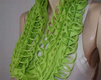 tshirt scarf. womens or mens shredded braided loose weave jersey scarf , infinity scarf , eternity scarf. chartreuse. lime green