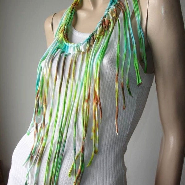 womens shredded braided fringed upcycled recycled tshirt necklace, jersey necklace. aqua lime rust tiedye. bohemian boho chic. burning man.