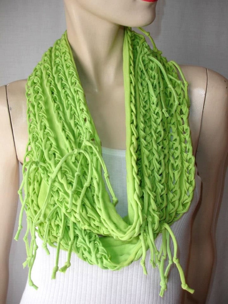 eternity scarf. womens or mens shredded braided jersey tshirt scarf , infinity scarf , eternity scarf. 5 braid. chartreuse. lime green image 1