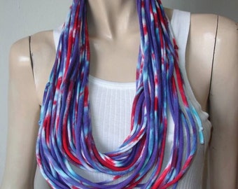 womens mens red white and purple tiedye shredded upcycled tshirt scarf, jersey scarf, jersey necklace, recycled tshirt necklace. 4th of July