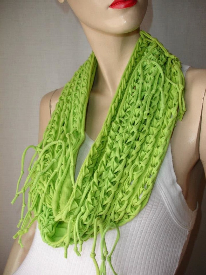 eternity scarf. womens or mens shredded braided jersey tshirt scarf , infinity scarf , eternity scarf. 5 braid. chartreuse. lime green image 2